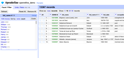 Screenshot of an OpenRefine dataset, showing a list of names and how many times they appear in a record.