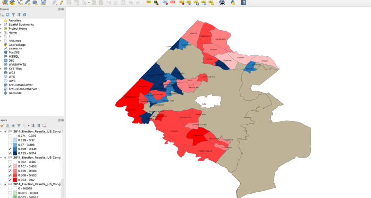 Screenshot of QGIS visualization of Fairfax County congressional election results from 2014