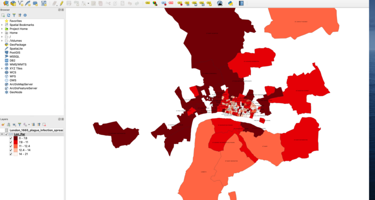Screenshot of a choropleth map of London showing plague spread