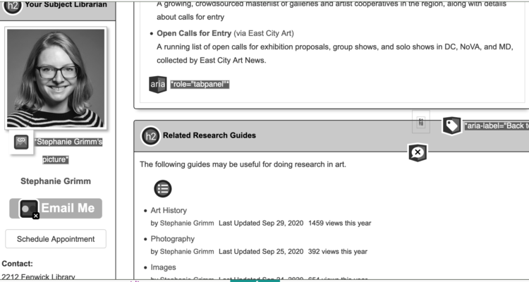 Screenshot of the webpage infoguides.gmu.edu/art, showing WAVE report highlights and errors.