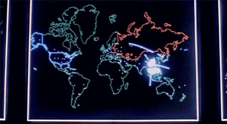 animated gif from the film War Games. Depicts a world map showing nuclear attack sites, "global thermonuclear war"